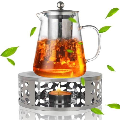 Yuragim Juego de tetera con calientaplatos, 1300 ml, tetera de cristal con filtro y calentador de té de acero inoxidable, tetera con colador para té negro, té verde, bolsa de té, regalo de Navidad