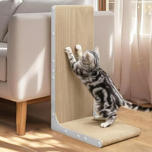 Conlun Grattoir pour Chat, 66 cm Forme en L Montable au Mur, Plateau à Gratter Vertical, Carton Durable pour Protéger Les Meubles des Chats d'Intérieur, Jumbo,Blanc