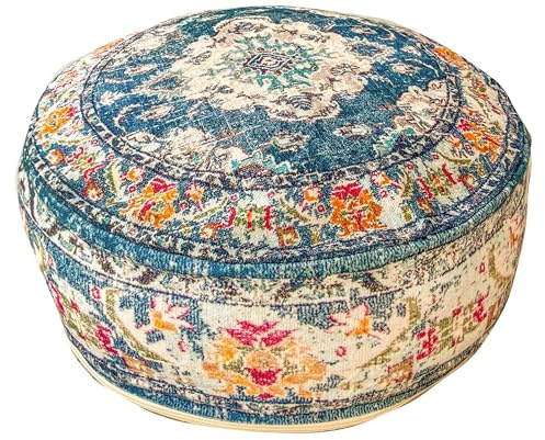 Mandala Life ART blå puff ottoman – handgjord bohemisk mysig sittpuff för sovrum – 60 x 20 cm