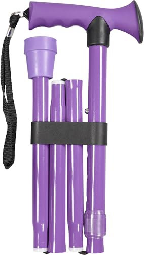Folding Adjustable Walking Stick with Ergonomic Rubber Handle, 5 Height Settings, Lightweight Aluminum, Wrist Strap, and Non-Slip Tip. Compact for Travel. Supports up to 100kg.Lilac