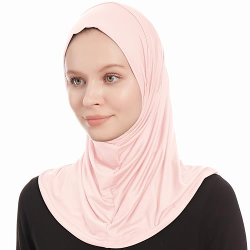 Hijab Jersey Mujer Negra, Bufanda de Hiyab de Jersey, Pañuelo Musulmán Moderno, Bufandas de Hiyabs Elásticos Mujeres, Una Pieza Instantánea Islámico Estilizado y Cómodo, Velo Islámico (Rosado)