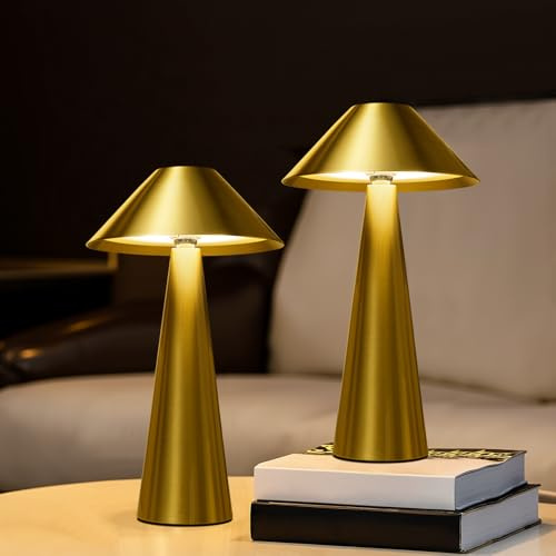 Lalavon 2 Stück LED Dimmbar Tischlampe Kabellos mit Magnet, 4000mAh Akku Tischleuchte mit USB-C Aufladbar, 3 Farbtemperatur 3000K/4000K/6000K Touch Control, Lampenkopf Drehbar, IP54 Wasserdicht(Gold)