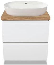 VBChome Badmöbel 60 cm Weiß Aufsatzwaschbecken mit Hahnloch 60x40 cm Aufsatzwaschtisch mit Waschbeckenunterschrank 2 Schubladen Badezimmerschrank Soft Close System Wandregal Modern