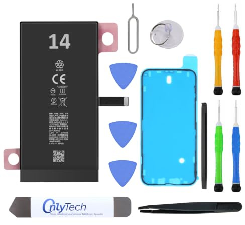 OnlyTech - Batterie Premium de Remplacement pour iPhone 14 - Capacité 3279mAh, qualité identique (Puce TI) - Kit 15 Outils et adhésif écran Inclus