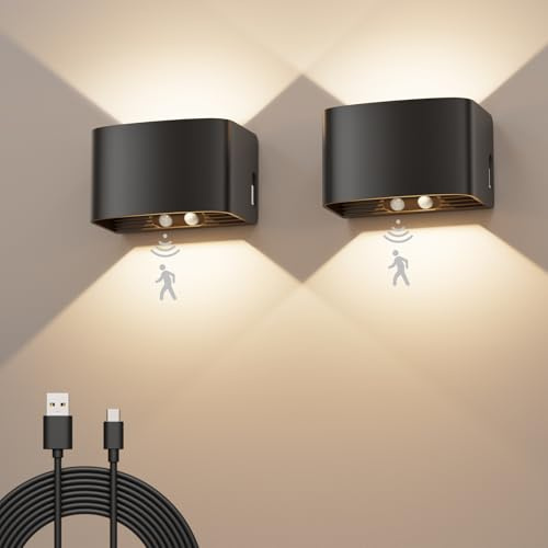 WOKWOYIO Akku Wandleuchte Innen mit Bewegungssensor, Kabellose LED Wandlampe 5500 mAh, 3000K Warmweiß, 5 m Sensor, 120° Abstrahlwinkel, USB-C, für Flur Treppe Schlafzimmer Bad, 2 Stück