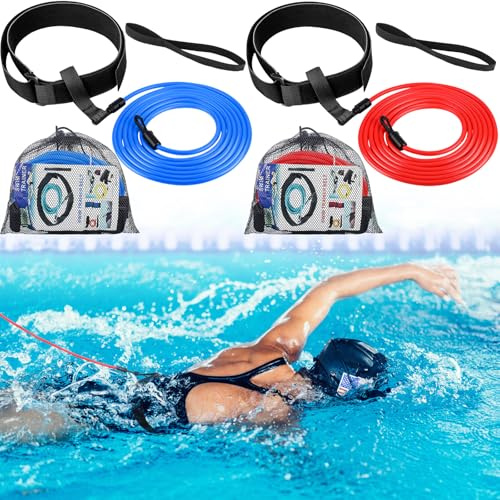 Wettarn 2 Pack Swim Tether Stationary Trainer 4m Swimming Training Belt Swimming Aquatic Resistance Belt with Bungee Cord and Mesh Storage Bag for Pool Swim Training Harness Exercise