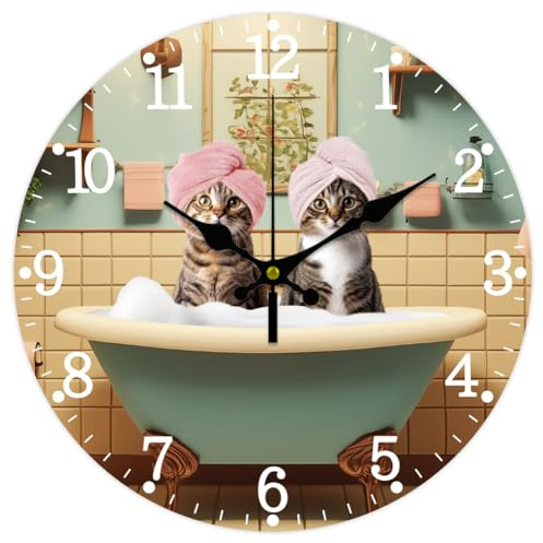 CHGCRAFT Bathroom Wall Clock Non-Ticking Clock 12 Inch Cat Round Decorative Clocks Printed Wall Clock for Home Office Decoration