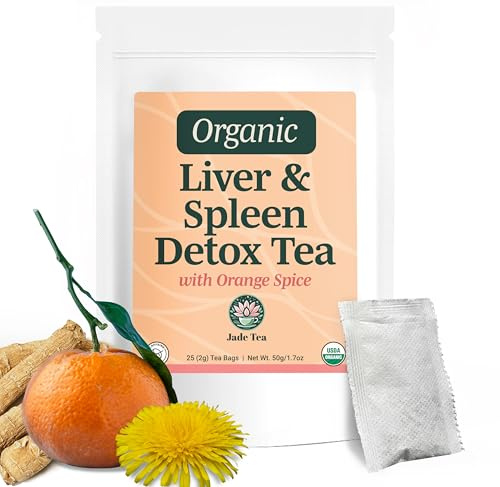 Jade Tea Organic Liver Detox & Spleen Tea Dampness - Organic Dandelion Root, Burdock Root, Ginger Root & Orange Peel - Supports Liver, Gallbladder & and Spleen Health - Orange Spice Flavor