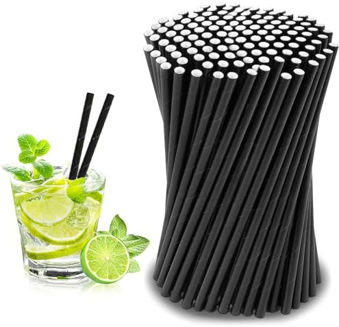 Papperssugrör 200 stycken, sugrör papper diameter 6 mm 19,7 cm, sugrör, papperssugrör, lämpliga för cocktails, kaffe och fester (svart)