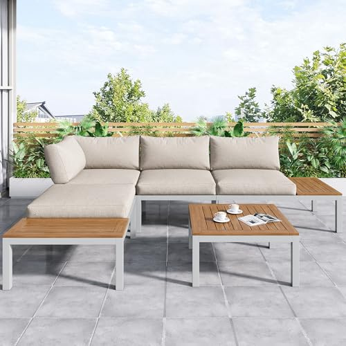 EINHOM Gartenmöbel Set, Lounge Möbel Outdoor für 4 Personen, 3-Teiliges, 2 Zweisitzer, 1 Tisch, Zweisitzer mit Beistelltisch, Tischplatte aus Akazie, Alle Sitz- und Rückenkissen Inklusive (Beige)