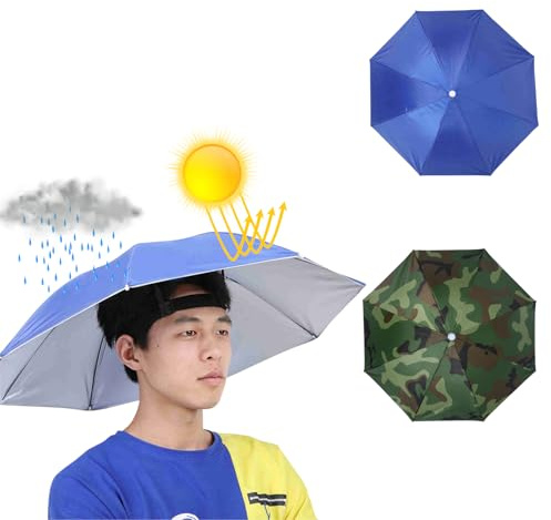 Rankomu Chapeau Parapluie de Tête 65cm Mains Libres & Pliable Protection UV/Étanche pour Pêche Camping Jardinage (Bleu Royal)