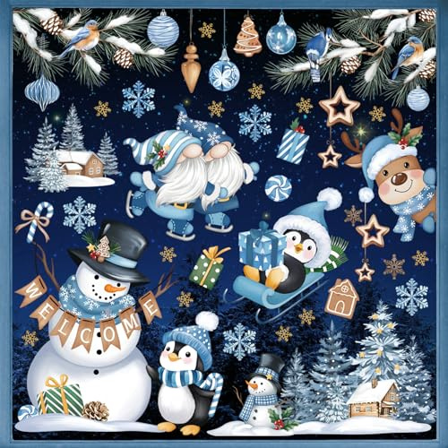 wondever Fensterbilder Weihnachten Pinguine Schneemann Blau Weihnachtsdeko | Wiederverwendbar, Doppelseitig Statisch PVC Fensterdeko, Fensterfolie weihnachten selbstklebend für Winter Innen Dekoration