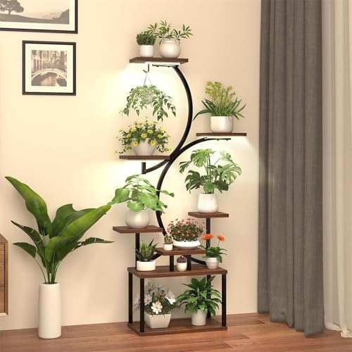 Pflanzenregal mit Wachstumslicht, 8 Ebenen Blumenständer, 150cm Pflanzenständer für Innen, Metall Holz Gebogener für Blumentreppe, Dekoratives Blumenregal für Garten, Balkon, Wohnzimmer, Schlafzimmer