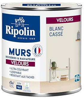 RIPOLIN - Peinture Intérieure Multi-Supports – Murs, Boiseries & Radiateurs – Ultra couvrante - Monocouche - Confort d'application - Aspect Velours - Blanc Casse - 0,5L