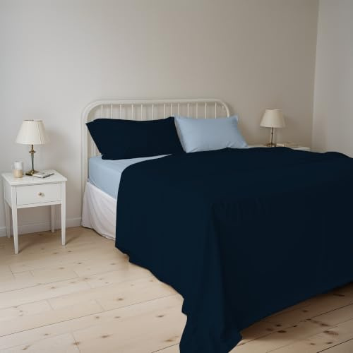 Italian Bed Linen Set Lenzuola Matrimoniale 100% Cotone Natural Color, Made in Italy - Completo Letto, Lenzuolo Sotto con Angoli, Telo Sopra 240x300cm e Federe con Patella Interna, Blu Scuro/Azzurro