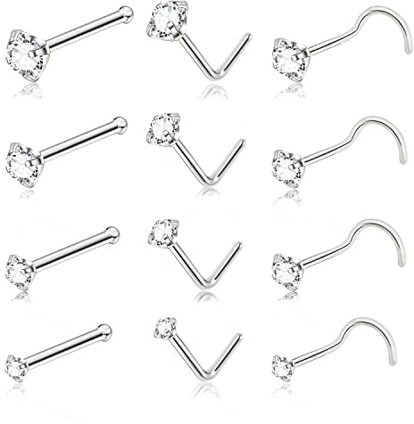 DAILI 8 Stück Nasenpiercing Titan Set, Hypoallergen Nasenring Gold Dünn Klein für Frauen Männer Screws L-förmiger Nasenstecker Mit Zirkonia Nasenstecker Silber Nostril Piercing