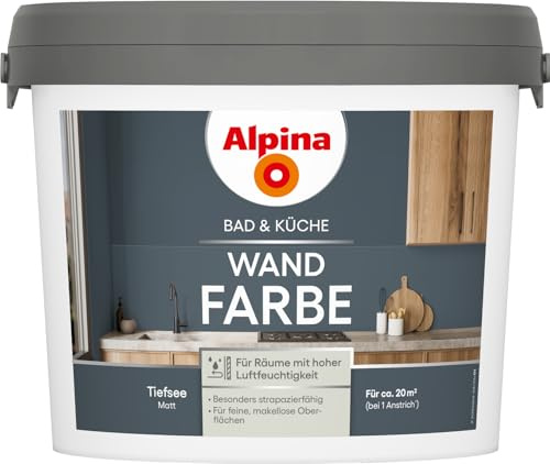 Alpina Bad & Küche Wandfarbe – matte Innenfarbe für Feuchträume, hohe Deckkraft & tropfgehemmt, streichfertige Wand- und Deckenfarbe für Bad & Küche – 2,5L (Tiefsee)