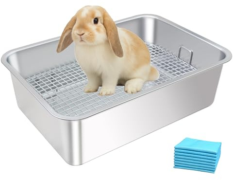 HUQIZOO Large Stainless Steel Rabbit Litter Box,Bunny Litter Pan with Grid,Toilet Tray,High Back Wall,Deep Waste Storage (Medium)