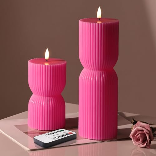 Girimax Flammenlose Stumpenkerzen mit Fernbedienung, geriffelt, Pink, 2 Stück