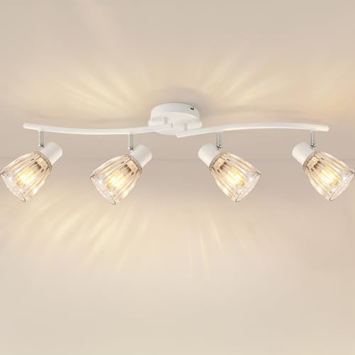 Unikcst LED Deckenstrahler 4 Flammig E14 Weiß mit Glasschirmen | 350° drehbar und 90° schwenkbar, Metallgehäuse mit Glas-Schirmen, Decken- und Wandmontage, für Küche, Wohn- und Schlafzimmer
