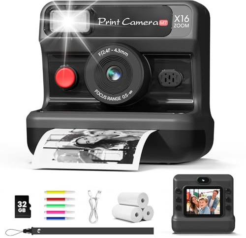 CalineGam Kinderkamera Sofortbildkamera, 2,4 Zoll mit 32GB Karte & 1080P HD | Zwei Objektive, inkl. 3 Papierrollen, Tintenloser Druck, MP3 Spiel, Geschenk für Jungen & Mädchen von 3 bis 12 Jahren