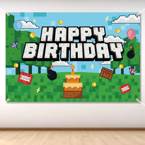 Pixel Happy Birthday Banner, 5x3FT Pixel Video Game Theme Birthday Decorations with Rope Colorful Funny Party Banner for Decoration Kids Boys Girls Home Celebration