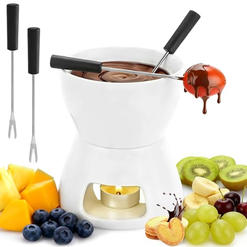 Set Taza Fondue Chocolate con 4 Tenedores Acero Inoxidable & Base Antideslizante, Fondue Queso Derretido Cerámica 300ml, Olla Mantequilla Derretir Porcelana para Comidas Familiares Picnics, Blanco