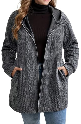 Huvtröjor med hel dragkedja för kvinnor jackor överdimensionerad slouchy kabelstickad cardigan kappa höst vinter långärmad solid ytterkläder med huva, Mörkgrått, XL