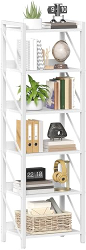 HOOBRO Bücherregal, Standregal, Leiterregal, freistehendes schmales Regal, Büroregal 6 Ebenen, offene Ablagen, für Wohnzimmer, Schlafzimmer, Büro, Küche, Weiß EWW72SJ01
