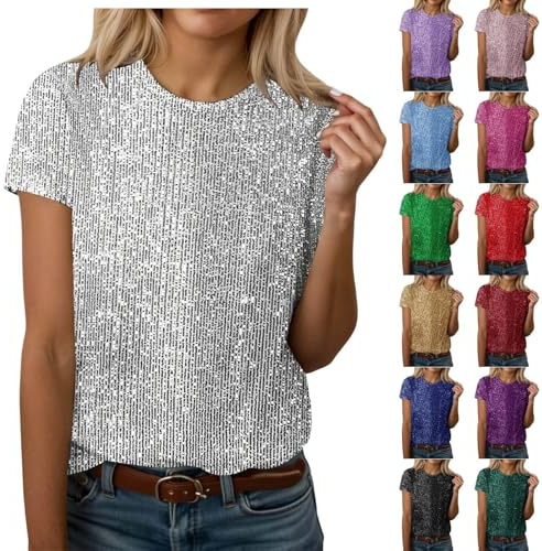 Glitzer Oberteile Damen Pailletten Shirt Silvester Outfit Elegante Kurzarm Glitzertop Casual Locker Rundhals Glitzerbluse Mädchen Glänzend Tshirt Party Festliche Blusen Disco Karneval Faschingskostüm