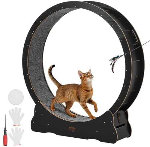 VEVOR Ruota per Esercizi per Gatti, Ruota per Correre in Legno da 132 cm per Gattini da Interno Fino a 12,7 kg, con Pista in Moquette e Meccanismo di Bloccaggio, per Animali Domestici, Fitness Nero