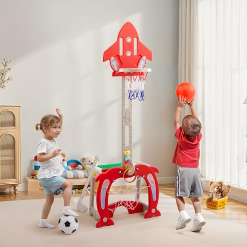 Basketball Hoop Indoor for Kid Height Adjustable Basketball Hoop and Stand Outdoor Children Football and Basketball Set with Football Goal, Ring Toss, Music & Story Player (Red)