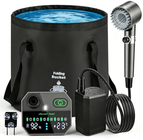Tragbare Dusche, Tragbare Campingdusche mit Heizfunktion & LED-Licht, 12000mAh, IPX8, 6-stufiger Wasserdruck, Smart-Display, Filter-Duschkopf, 2m Schlauch, faltbarer Wassertank Für Camping & Outdoor
