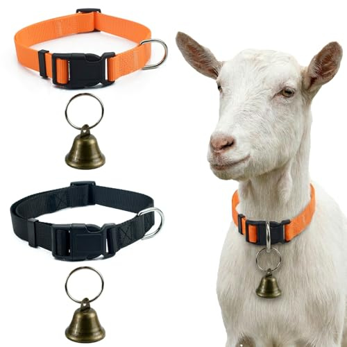MYZWEL 2 Pezzi Collare per Capre con Campanaccio, Collare Regolabile in Nylon 46-60cm per Pecore e Animali da Fattoria, Campanello Anti-Smarrimento ad Alto Suono, Nero e Arancione