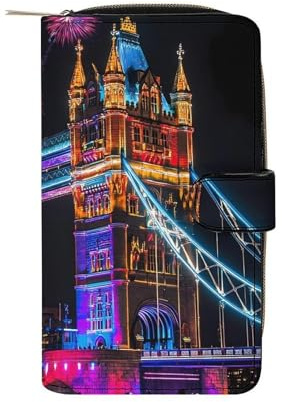 SMAZDFXX London Bridge Leather Wallet Purse Holder with ID Window Long Coin Clutch for Men Women