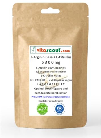 L-Arginin Base + L-Citrullin 6300 – 750 Kapseln VEGAN, Pflanzliches Arginin in Base-Form, 100% Reinheit – Optimales Mischungsverhältnis - LABORGEPRÜFT - ohne Magnesiumstearat