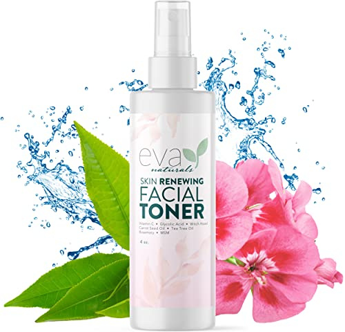 Eva Naturals Witch Hazel Face Toner – Hydrating & Clarifying Toner with Glycolic Acid, Vitamin C & Aloe for Acne, Oily, Dry & Sensitive Skin, Pore Tightening Facial Mist for Balanced Glow (4oz)