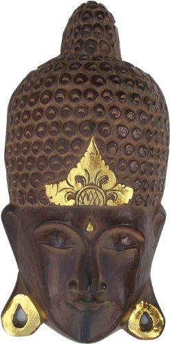 Guru-Shop Maschera di Buddha con Decorazione in Oro, Decorazione Murale, Etno Decorazione Murale in Legno di Balsa, Dimensioni: 35 cm, Buddha