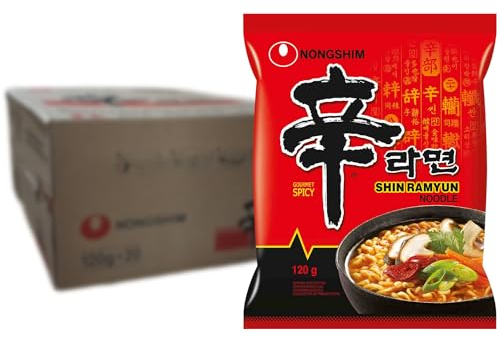 Nong Shim Instantnudeln Shin Ramyun – Koreanische Rindfleisch Ramen Suppe sehr scharf - schnelle Zubereitung – 20er Vorteilspack à 120g