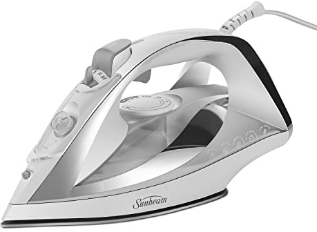 Sunbeam Turbo Steam Iron, 1700 Watt, Nonstick Ceramic Soleplate, Horizontal or Vertical Shot of Steam, Quick Heating, 3-Way Auto-Off, White and Chrome,9.3L x 3.7W
