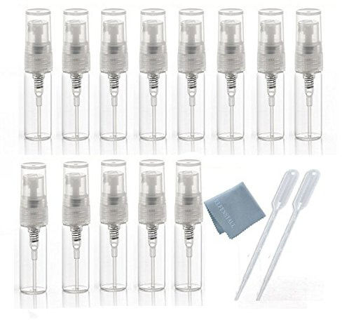 Elfenstal- 10pcs Mini Clear 3ml 1/6OZ Atomizer Fine Mist Empty Glass Bottle Spray Refillable Fragrance Perfume Scent Sample Bottle 1pc Clean Cloth for Travel Party Makeup Tool 2pcs Free 3ml Pipette