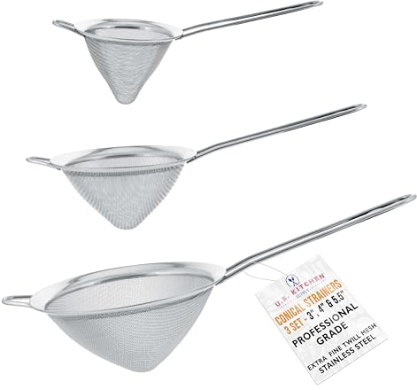 U.S. Kitchen Supply Set of 3 Stainless Steel Conical Strainers - 3, 4 & 5.5 Sizes - Chinois Style, Extra Fine Twill Mesh Sieve, Stainless Steel Strainers and Colanders for Kitchen