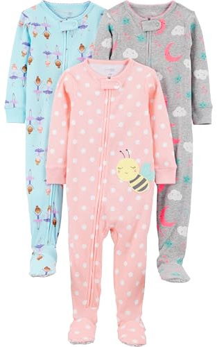 Simple Joys by Carter's Baby Mädchen 3-Pack Snug Fit Footed Cotton Pajamas Kleinkindschläfer, Ballerina/Bienen/Mond, 5 Jahre (3er Pack)