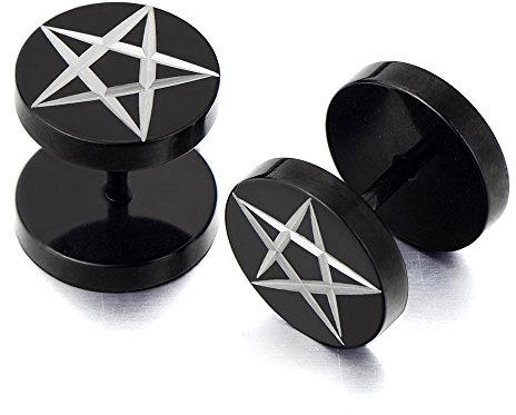 8MM Pentagramma Nero Finto Dilatatore Fake Plug. Orecchini da Uomo Donna. Acciaio Inossidabile. 1 coppia