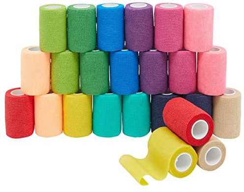 Juvale Cohesive Self-Adherent Bandage Wrap - Elastic Support for Sprains & Sports Tape - Vet Wrap for Horses & Dogs - Hand-Tearable Design & Grip Tape - 24 Rolls, 3 in x 5 yd, Multicolor