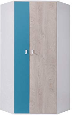 Furniture24 Eckkleiderschrank Planet PL-2, Schrank, 2 Türiger Eckschrank mit 5 Einlegeboden und 2 Kleiderstangen, Jugendschrank (Weiß/Eiche/Marine)