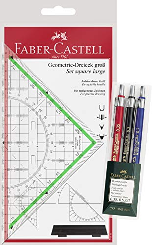 Faber-Castell - Zeichendreieck groß, mit Griff + 3 Druckbleistifte TK-FINE, Inhalt: 0,35 mm, 0,5 mm + 0,7 mm