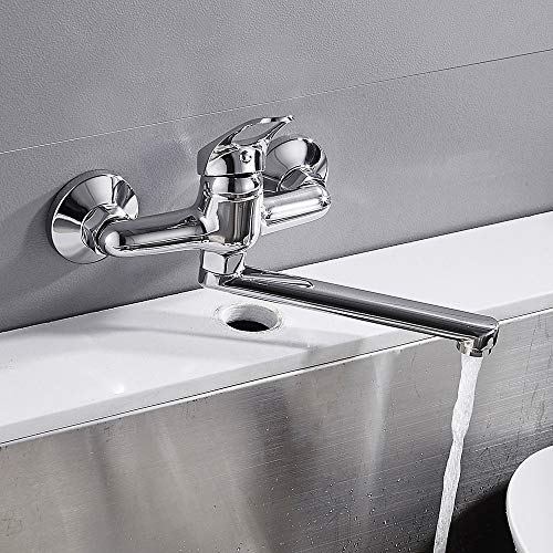 Grifo Cocina Pared Monomando Fregadero de Pared con Caño Largo Bajo Mezclador Agua de Fría y Caliente Cromo Brillo para Cocina Baño y Lavandería(18cm)