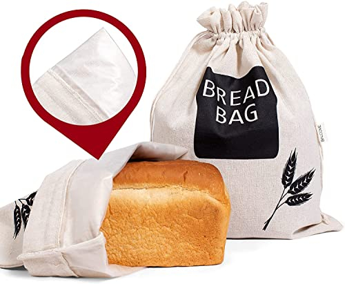 Balcove 2 X Reusable Plastic Lined Bread Bags - Linen Eco Bread Storage Bags - 43cm x 33cm XL