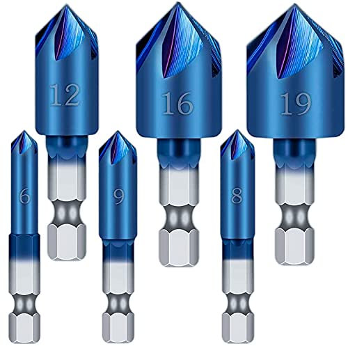 KEWAYO Set di punte per svasatura in acciaio HSS 90° a cinque flauti con finitura in titanio per legno e metallo morbido, 6 pezzi, con alesatore per fori 6-19 mm
